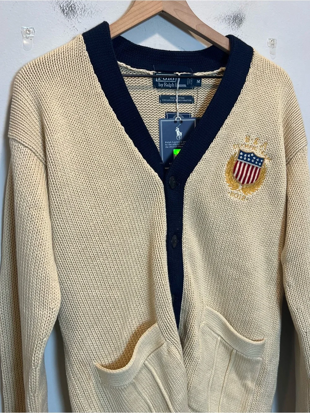 NWT RALPH LAUREN- Olympic Team Embroidered Knit Cardigan Cream Size M